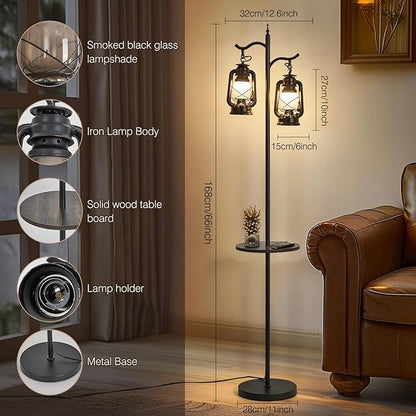 Farmhouse Floor lamp with Table, Double Head Vintage Floor Lantern, Standing lamp for Living Room，Bedroom, Rustic Floor Lamp with Black Finish