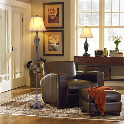 65’’ Vintage Floor Lamp for Living Room, Traditional Standing Lamp with Carved Resin Base and Foot Switch, Classic Farmhouse Tall Pole Lamp, Bedroom, Office, Bronze Finish