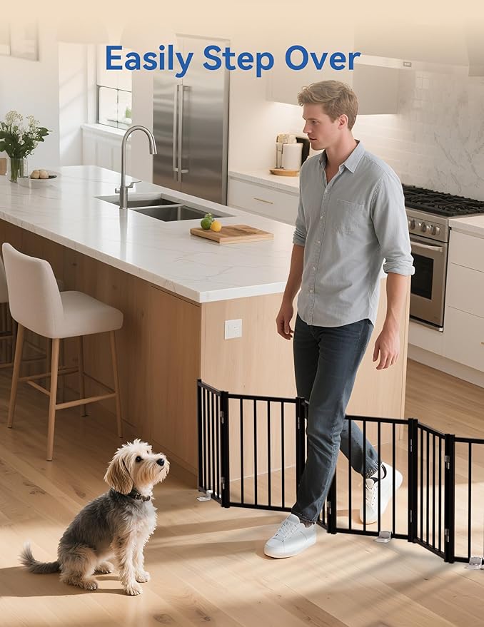 Metal Short Dog Gate, 16.5" High to Step-Over, Free Standing Foldable Pet Gate, Up to 72" Wide Puppy Fence for Stairs and Doorways, Indoor & Outdoor Use, No Drilling and No Assembly, Black