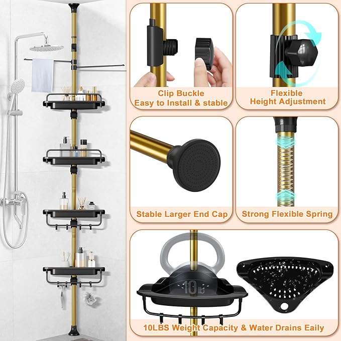 Upgrade Sturdy Shower Caddy Tension Pole Black and Gold Corner Shower Caddy 18/8 Stainless Steel Rustproof 4 Tier Adjustable Shelves for Bathtub Shampoo Accessories Storage Rack 32-122inch