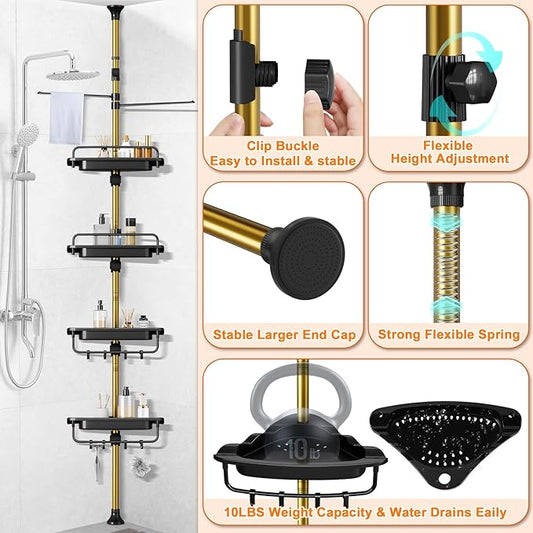 Upgrade Sturdy Shower Caddy Tension Pole Black and Gold Corner Shower Caddy 18/8 Stainless Steel Rustproof 4 Tier Adjustable Shelves for Bathtub Shampoo Accessories Storage Rack 32-122inch