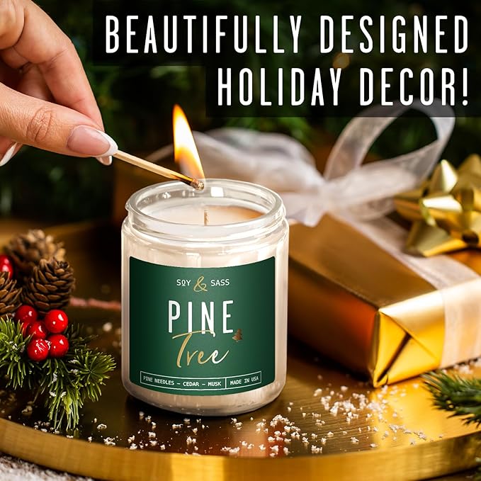Pine Candle, Pine Scented Candles, Christmas Candles Scented - 'Pine Tree' Soy Candle, w/Fir Needles, Warm Cedar & Sandalwood - Infused with Essential Oils I 9oz, 50 Hour Burn, Handmade in USA