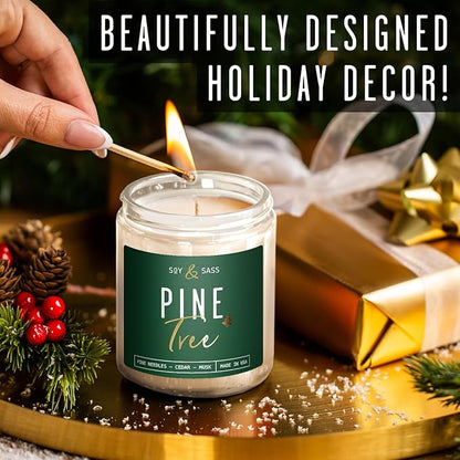 Pine Candle, Pine Scented Candles, Christmas Candles Scented - 'Pine Tree' Soy Candle, w/Fir Needles, Warm Cedar & Sandalwood - Infused with Essential Oils I 9oz, 50 Hour Burn, Handmade in USA