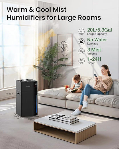 Mifasol Humidifier Large Room, 5.3Gal/20L Warm and Cool Mist Humidifiers for Home 1500 sq ft, Double Nozzles Whole House Humidifier, Humidifiers for Bedroom Plants Office Commercial Large Areas, Black