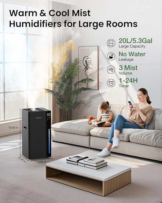 Mifasol Humidifier Large Room, 5.3Gal/20L Warm and Cool Mist Humidifiers for Home 1500 sq ft, Double Nozzles Whole House Humidifier, Humidifiers for Bedroom Plants Office Commercial Large Areas, Black