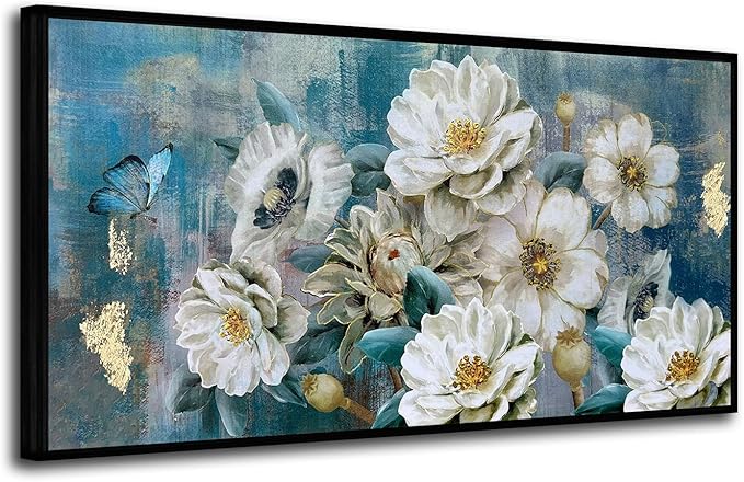 Arjun Large Black Framed Flower Canvas Wall Art for Living Room White Modern Painting for Bedroom Textured Gold Foil Turquoise Picture Floral Teal Artwork Bathroom Home Office Decor, 40"x20"