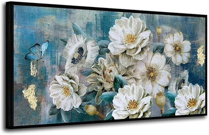 Arjun Extra Large Black Framed Flower Canvas Wall Art for Living Room White Elegant Modern Painting for Bedroom Textured Gold Foil Turquoise Picture Floral Teal Artwork Home Office Decor, 58"x29"