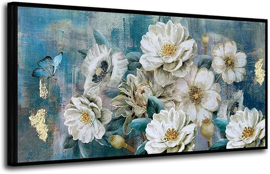 Arjun Extra Large Black Framed Flower Canvas Wall Art for Living Room White Elegant Modern Painting for Bedroom Textured Gold Foil Turquoise Picture Floral Teal Artwork Home Office Decor, 58"x29"