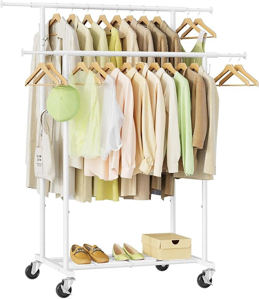 Double Rod Garment Rack, Heavy Duty Rolling Clothes Rack with Wheels For Hanging Clothes, Portable Metal Clothing Rack with Shelves,White, 64.2in Chrome