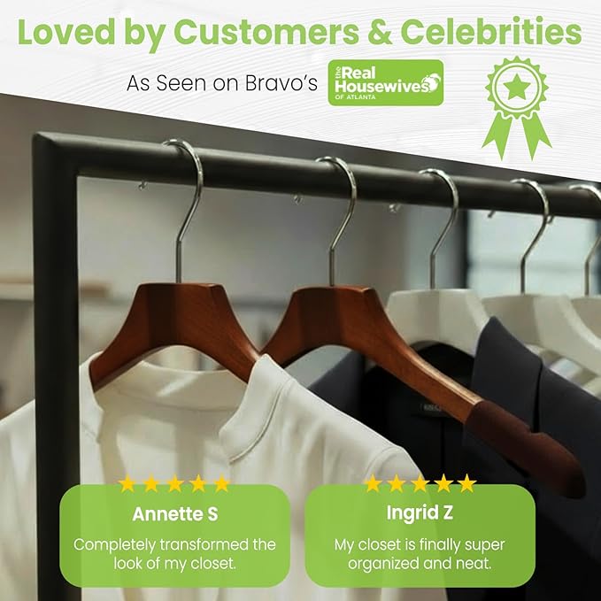 Premium Luxe Wood Coat Hangers, Wide Shoulder Wooden Jacket Hangers with Velvet Grip, Heavy Duty Luxury Hangers for Coats & Blazers, Mahogany with Black Velvet, 30 Pack
