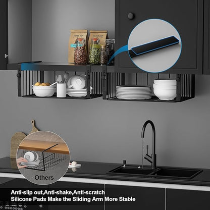 2Pack Under Shelf Basket Organizer,Adjustable Hanging Holder Storage for Cabinet Pantry Kitchen Cupboard Desk Counter Bookshelf Organization Add-on Space Saver Heavy Duty Slide-in,Black