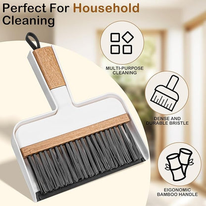 THINKLEARN Mini Dustpan and Brush Set, Portable Broom and Dustpan Combo Set with Bamboo Handle and Soft Rubber Lip, Compact Cleaning Tool for Kids, Car, Desk, Pet, Camping