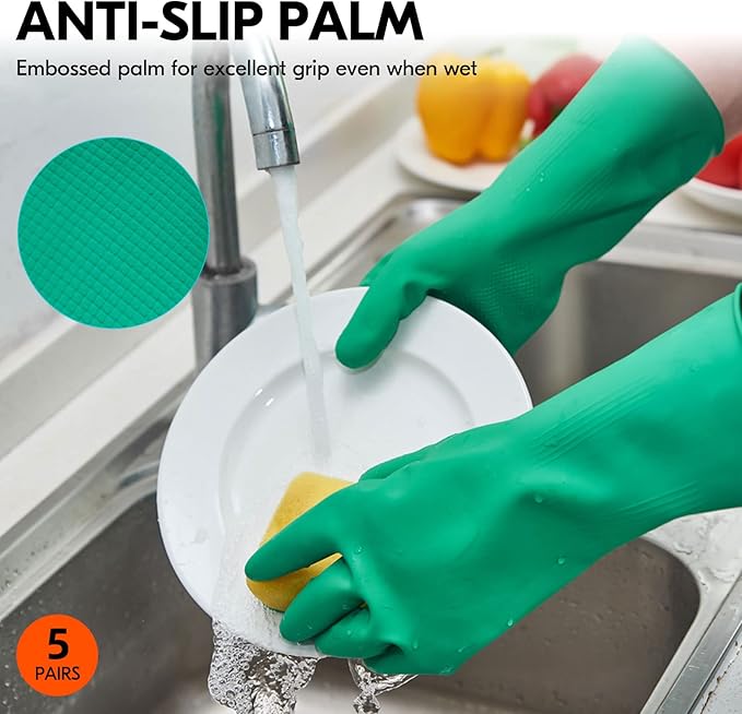 Vgo... 5-Pairs Reusable Household Gloves, Rubber Dishwashing gloves, Extra Thickness, Long Sleeves, Kitchen Cleaning, Working, Painting, Gardening, Pet Care (Size M, Green, HH4601)