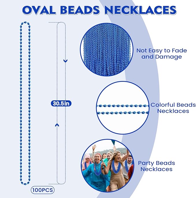 100 PCS Blue Bead Necklace, Blue Mardi Gras Christmas Oval Beads, 30.5" 4th of July Patriotic Beads Necklaces, Parade Throw Accessories for Independence Day Mardi Gras Hanukkah Pirate Theme Party