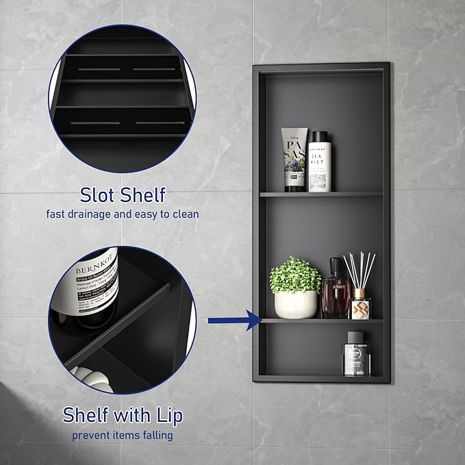 Stainless Steel Shower Niche 30" X 12" Matte Black No Tile Needed Wall Vertical Niche Three-Tier Shelves Recessed Shower Shelf for Bathroom Storage Over Mount Installation