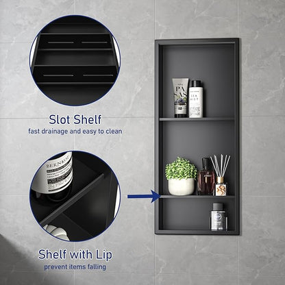 Stainless Steel Shower Niche 30" X 12" Matte Black No Tile Needed Wall Vertical Niche Three-Tier Shelves Recessed Shower Shelf for Bathroom Storage Over Mount Installation