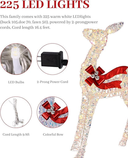 3-Piece Large Lighted Christmas Deer Family Set, Christmas Indoor and Outdoor Decoration with 225 Warm White LED Lights, Ground Pegs, Cable Ties. Suitable for Patio Lawn Garden Party-Colorful