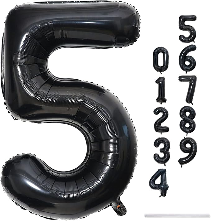 Black 5 Balloons, 40 Inch Large Foil Number Balloons Set 0-9, Self Inflating Digital 5 Helium Balloon for Boys Men Women 5th 50th Age Birthday Anniversary Party Decorations Photo Shoot Supplies