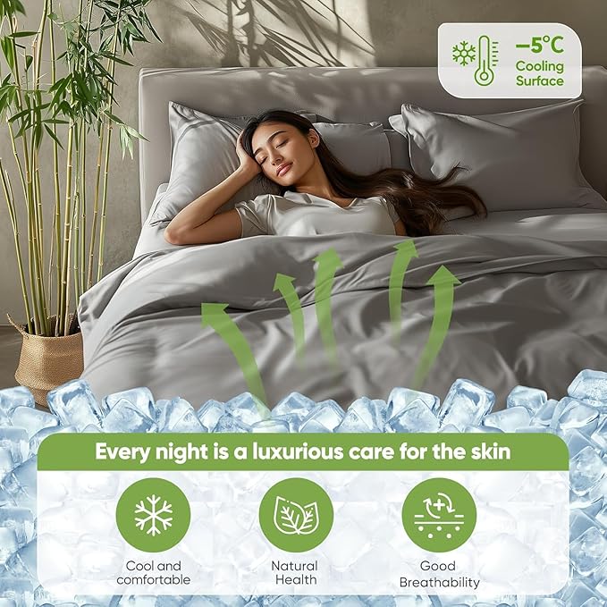 TWK Luxury Sheet Set, Genuine 100% Organic Viscose Derived from Bamboo, Cooling & Breathable, Silky Soft, Bedding Sheets & Pillowcases(Gray, Queen(60 * 80 * 15))