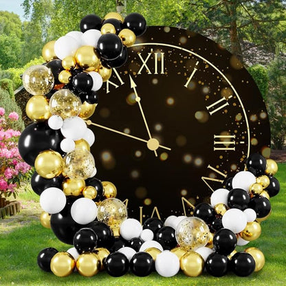 5.5x5.5ft Vintage Black Gold Clock Round Backdrop Cover Happy New Year Photography Background for New Year Eve Party New Year's Countdown Family Party Congrats Grad Celebration Portrait Supply