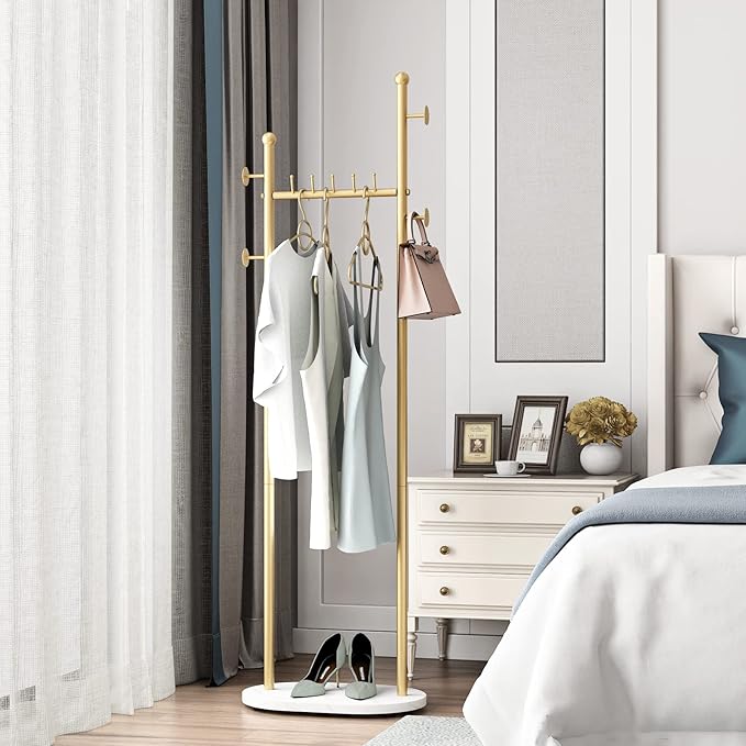 Gold Clothing Rack With Shelves, Gold Coat Rack Freestanding with Marble Base, Coat Hanger Hat Tree Standing Clothes Racks for Boutique, Bedroom
