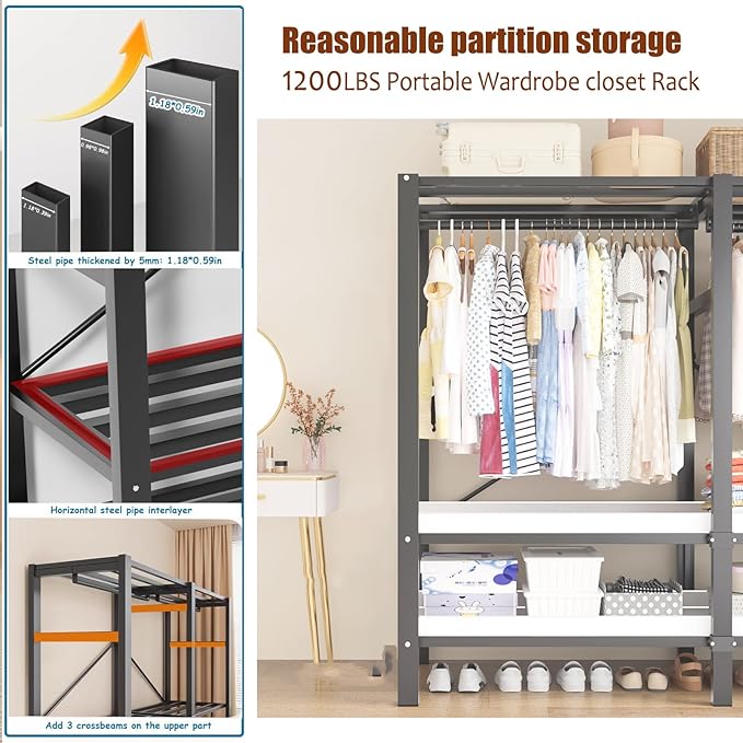 Heavy Duty Clothes Rack with Magnetic Door, Metal Foldable Covered Clothes Rack, Portable Wardrobe Closet System for Hanging Clothes, Rolling Garment Racks for Bedroom (Navy Blue Zipper, 74.8in)