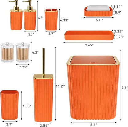 Bathroom Accessories Set - Gorgeous Bathroom Set, 10PC Orange Bathroom Accessory Set, Orange Bathroom Sets, Toilet Brush, Trash Can & Soap Dispenser