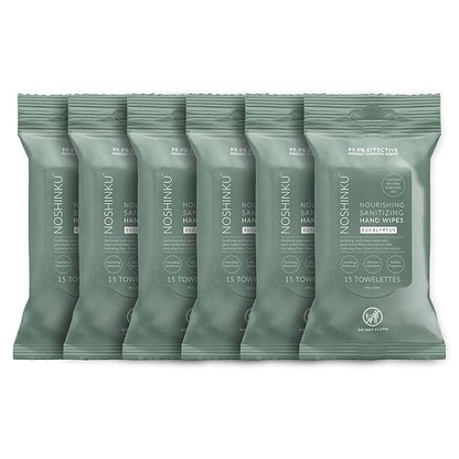 Noshinku Eucalyptus Hand Sanitizer Wipes, 6-Pack (90 Towelettes) – Resealable Travel Wipes with Ethyl Alcohol, Aloe & Green Tea, Plant-Based Fiber, Essential Oil Scents, Cruelty-Free & No Dyes