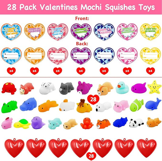 28 Pack Mochi Squishes Valentines Day Gifts for Kids Classroom, Valentines Day Cards for Kids School, Valentines for Class Valentines Exchange Cards Party Favors Classroom Exchange Gift Set