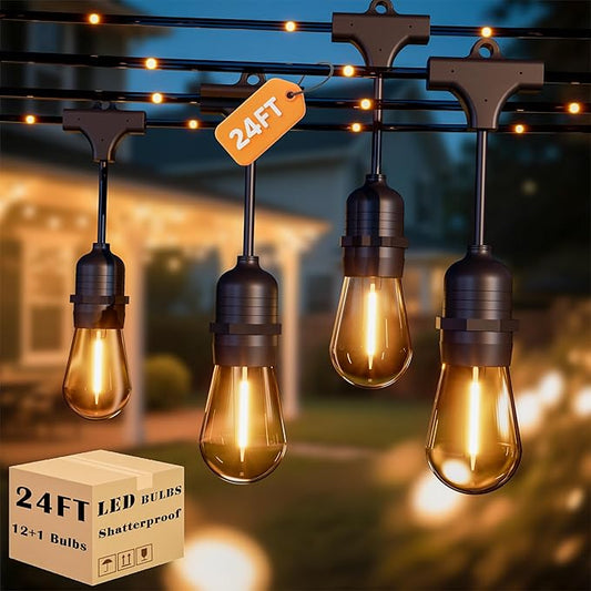 Outdoor String Lights with Lighted Tubing, 24 ft Outside String Lights with 13 (12+1spare) S14 Retro Bulbs & 72-LED Lighted Fairy Tubing, IP65 Waterproof &Connectable LED Light for Patio Bistro