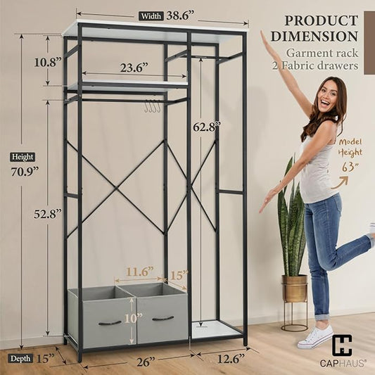 CAPHAUS 550 lbs Capacity Heavy Duty Clothing Rack, 40" W Metal Garment Rack with Drawers Hanging Rods and Wood Shelves Freestanding Closet Organizer, White Board