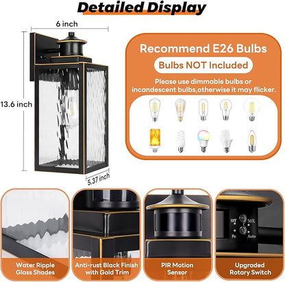 13.6" Motion Sensor Outdoor Wall Sconce Lantern, Exterior Waterproof Wall Lights Fixture with Water-Rippled Glass, Bronze Outside Mount Lighting for House, Porch, Garage, Patio, Bulbs Not Included