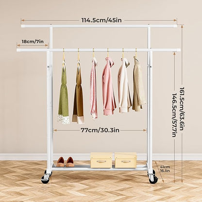 Abiglifty Clothes Rack for Hanging Clothes, Double Rods Clothing Rack with Wheels, Portable Closet for Laundry, Bedroom, White