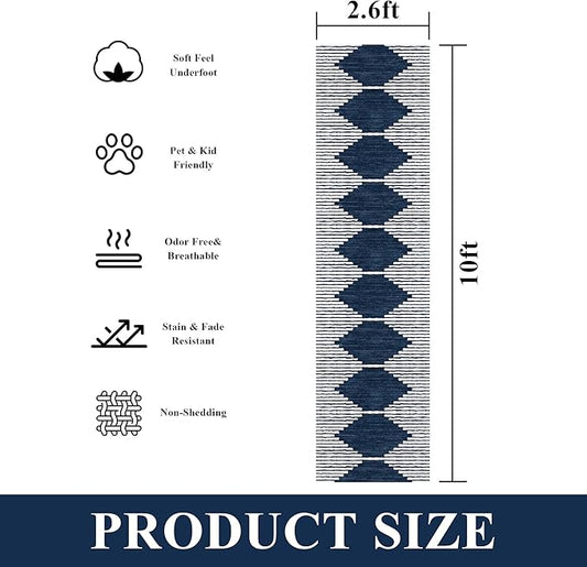 HelloTree Hallway Runner Rug，2.6x10 Moroccan Modern Stripe Carpet Washable Machine Bathroom Runner Bohemian Design Modern Soft Non Slip Indoor Rug for Entryway Hallway Laundry Room Bedroom-Blue