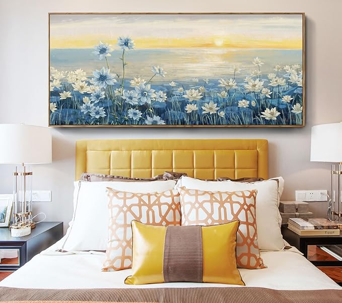 amatop Giant Framed Wall Art for Living Room Extra large Modern Coastal Beachy Canvas Wall Art Big Floral Sunrise Blue Wall Picture Oversized Lake Nature Sunset Artwork Office Bedroom Decor 71“x31”