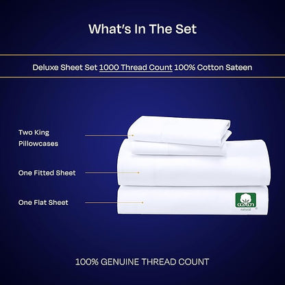 California Design Den King Size Sheets Set - Luxury 1000 Thread Count Sateen, Thick and Natural 100% Cotton Bed Sheets, Deep Pockets, Soft, Breathable and Durable Bedding Set - White