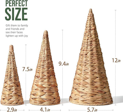 3pcs Woven Water Hyacinth Christmas Trees Decor, Artificial Christmas Tree Decorations for Home Party Table Village Craft Indoor Outdoor Vintage Christmas Decor(Natural)