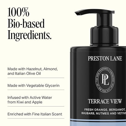 Preston Lane Luxury Hand Wash, Terrace View Scent – Hydrating & Nourishing Formula with Organic Oils, Active Kiwi & Apple Water, and Vegetable Glycerin | Gentle Cleansing, Vegan & Cruelty-Free