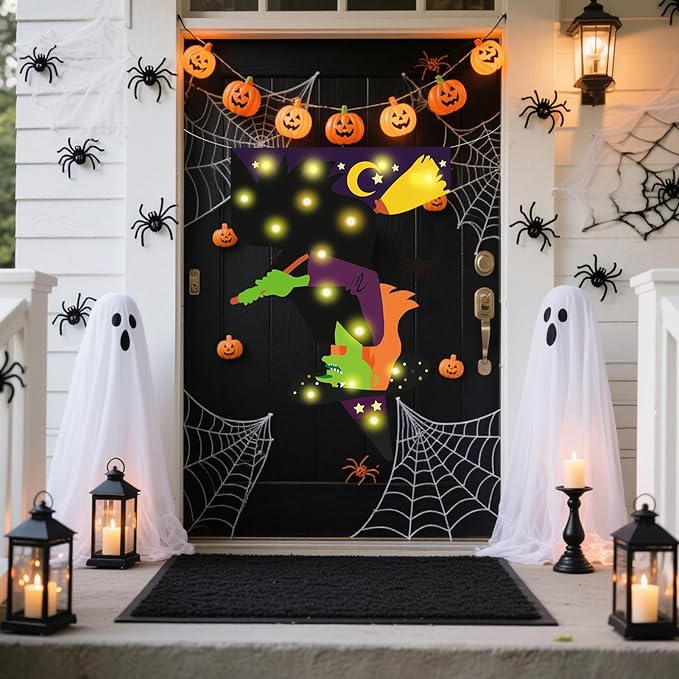 Halloween Solar-Powered Lighted Witch Garden Flag, 12x18 Inch Double-Sided Outdoor Decor with 8 Lighting Modes, Waterproof Yard Flag for Halloween Patio, Lawn & Porch