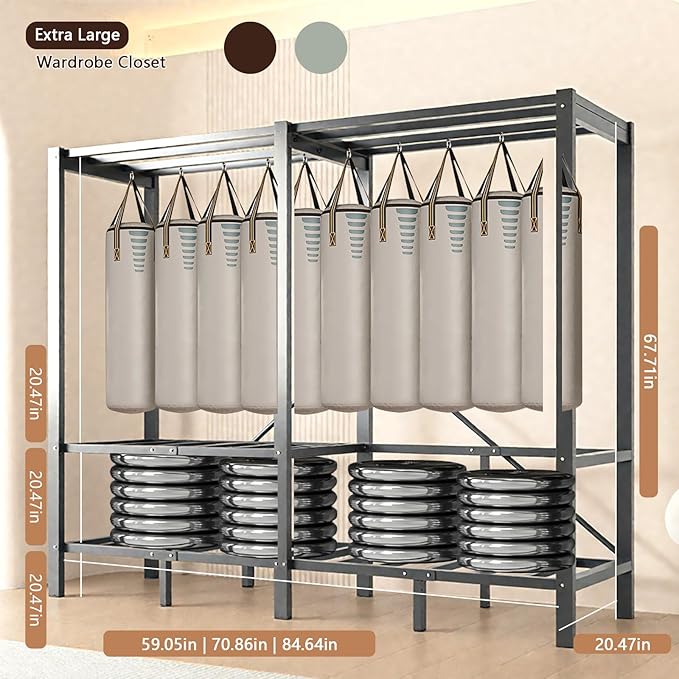 Foldable Portable Wardrobe Closet with Cover, Heavy Duty Clothing Rack for Hanging Clothes has 59in Vertical Storage Space, Coffee Metal Garment Rack (Coffee, 84.5in)