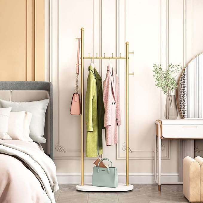 DR.IRON Gold Clothing Racks with Marble Base Modern Coat Racks Freestanding Gold Clothes Rack with Shelves for Bedroom Heavy Duty Garment Racks in Hallway, Entryway