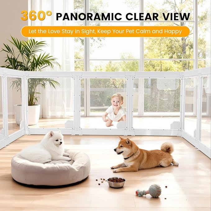 WICHEMI 8 Panel Indoor Dog Playpen, Acrylic Clear Puppy Playpen, 23.6" H Cat Play Pen with Double Door Lock, Paw Print Design Pet Playpen with Suction Cup, White