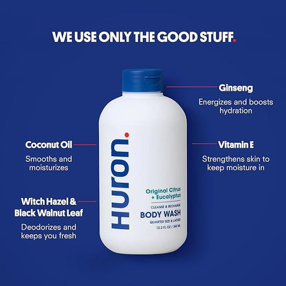 Huron Body Wash Scent Duo - Citrus + Eucalyptus & Sandalwood + Black Pepper Scents - Men’s Body Wash - Made With Coconut Oil, Vitamin E & Witch Hazel - Vegan, Cruelty-Free - 2 Pack, 12.2 fl oz