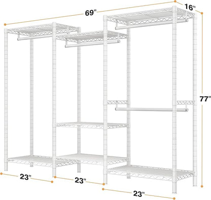 Raybee Heavy Duty Clothes Rack Load 900Lbs, Clothing Rack for Hanging Clothes for Bedroom 77" H x 69'' W x 16'' D,White