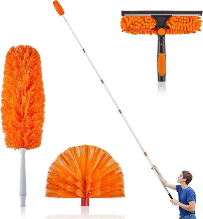 4-24 Foot Window Washing Kit with Extension Pole, Long Window Squeegee with Microfiber Scrubber, Window Cleaner Tool for Ceiling Fan, Furniture, Home (Feather Duster & Ceiling Fan Duster)