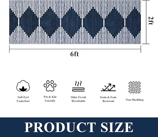 HelloTree Hallway Runner Rug，2x6 Moroccan Modern Stripe Carpet Washable Machine Bathroom Runner Bohemian Design Modern Soft Non Slip Indoor Rug for Entryway Hallway Laundry Room Bedroom-Blue