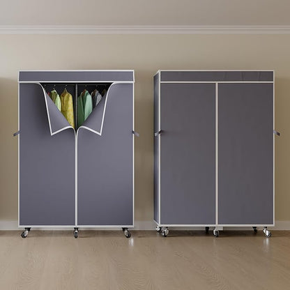 H9 Heavy Duty Rolling Clothes Rack with Cover, Covered Garment Rack with Wheels and Shelves, Wardrobe Closet, Portable Closet for Hanging Clothes, Black Clothing Rack with Grey Cover