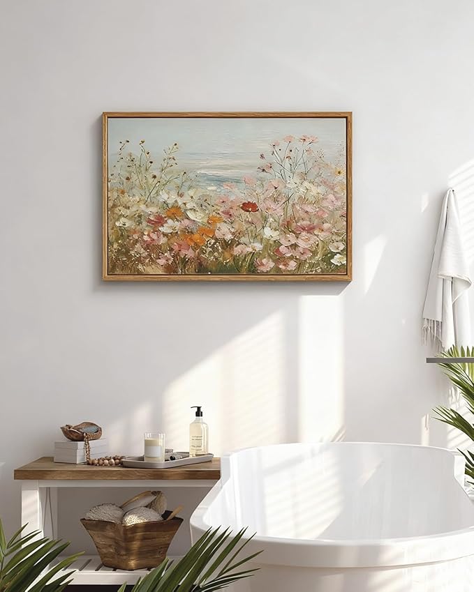 InSimSea Vintage Framed Canvas Art, Vintage Coastal Wildflower Field Painting, Hand-Painted Landscape Textured Artwork for Living Room Hallway,16x24in,Nature Serene Wall Shelf Decor Aesthetic