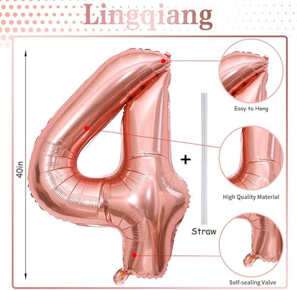 40 Inch Rose Gold Number 4 Balloon for Girls, Large Self Inflating Foil Number Balloons 0-9, Digit 4 Helium Balloons for Women 40th Anniversary 4th Birthday Engagement Party Decoration Supplies