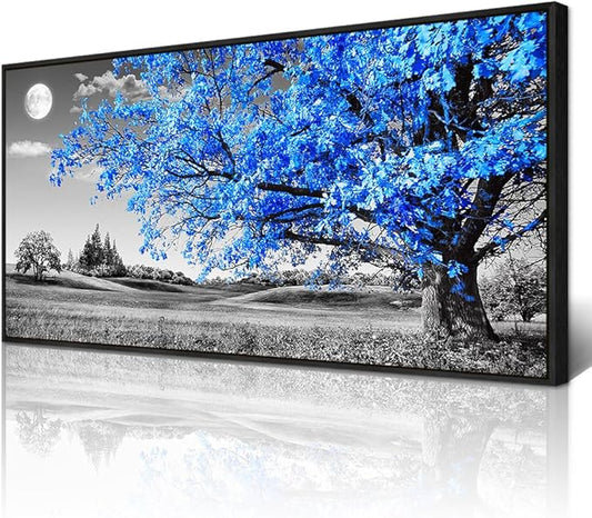 Wapluam Black and White Wall Art For Living Room Large Wall Decoration For Bedroom Blue Tree Landscape Abstract Painting Office Wall Decor Picture Canvas Prints Modern Home Wall Decor Black Framed